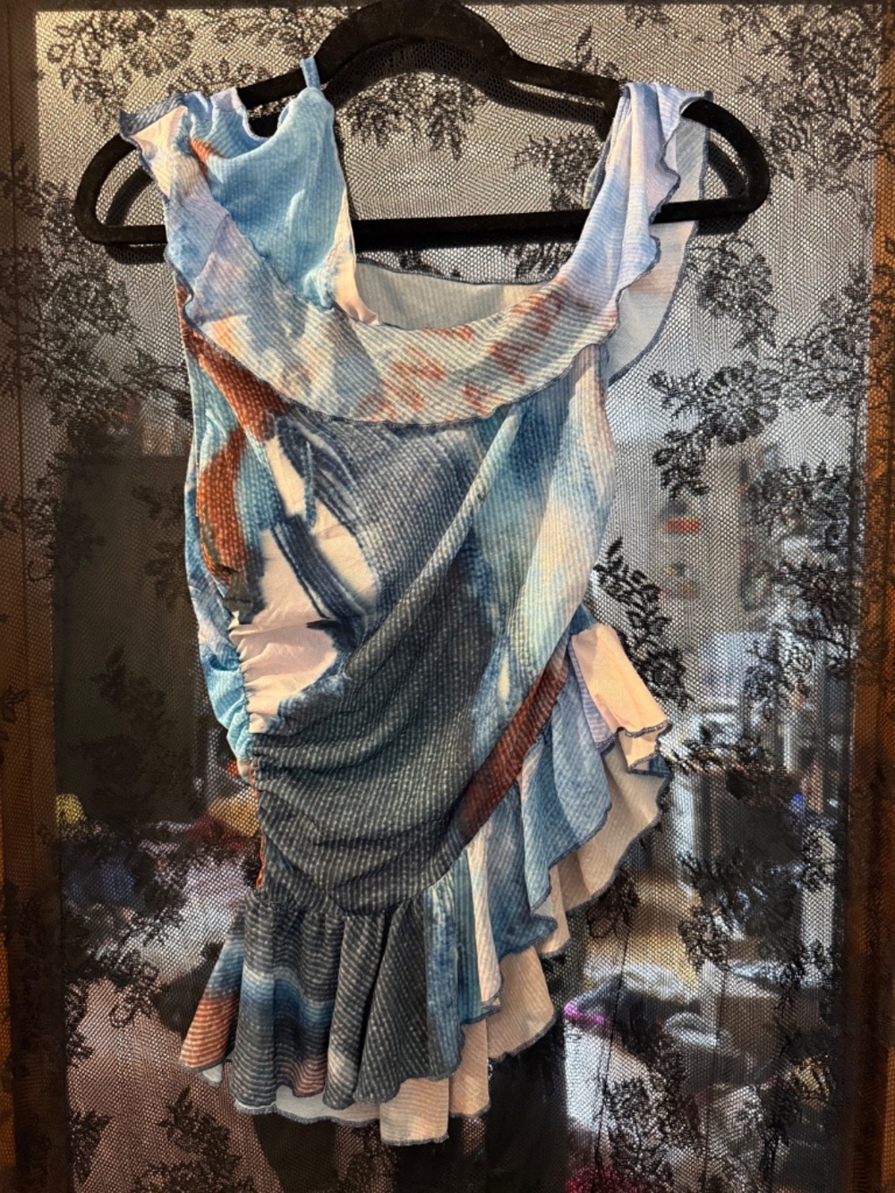 Blue Abstract Print Ruched Ruffle Mini Dress | Asymmetrical Y2K Style - Picture 2 of 5